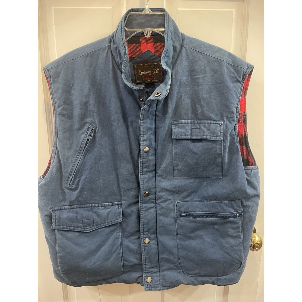 Vintage BOTANY 500 Mens XL Blue Utility Chore Vest Hunting Fishing Insulated